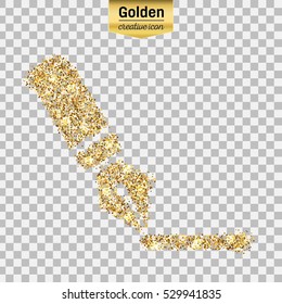 Gold glitter vector icon of pen isolated on background. Art creative concept illustration for web, glow light confetti, bright sequins, sparkle tinsel, abstract bling, shimmer dust, foil.