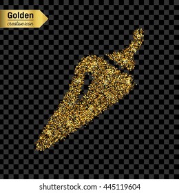 Gold glitter vector icon of pepper isolated on background. Art creative concept illustration for web, glow light confetti, bright sequins, sparkle tinsel, abstract bling, shimmer dust, foil.