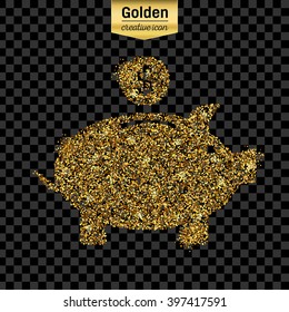 Gold glitter vector icon of piggy bank isolated on background. Art creative concept illustration for web, glow light confetti, bright sequins, sparkle tinsel, abstract bling, shimmer dust, foil.