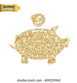 Gold glitter vector icon of piggy bank isolated on background.