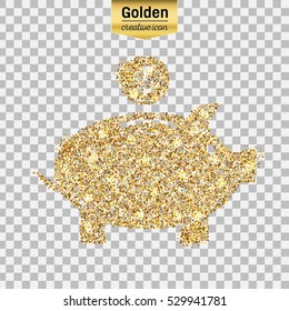 Gold glitter vector icon of piggy bank isolated on background. Art creative concept illustration for web, glow light confetti, bright sequins, sparkle tinsel, abstract bling, shimmer dust, foil.