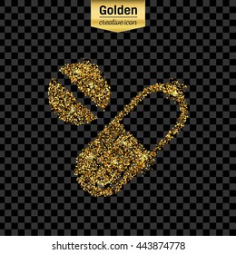 Gold glitter vector icon of pills isolated on background. Art creative concept illustration for web, glow light confetti, bright sequins, sparkle tinsel, abstract bling, shimmer dust, foil.