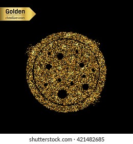 Gold glitter vector icon of pizza isolated on background. Art creative concept illustration for web, glow light confetti, bright sequins, sparkle tinsel, abstract bling, shimmer dust, foil.