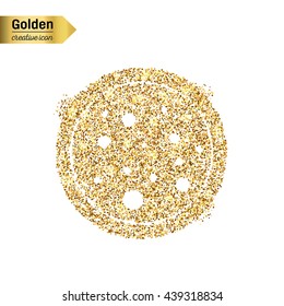 Gold glitter vector icon of pizza isolated on background. Art creative concept illustration for web, glow light confetti, bright sequins, sparkle tinsel, abstract bling, shimmer dust, foil.
