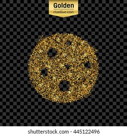 Gold glitter vector icon of pizza isolated on background. Art creative concept illustration for web, glow light confetti, bright sequins, sparkle tinsel, abstract bling, shimmer dust, foil.
