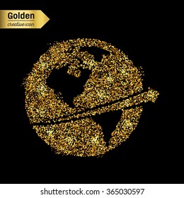 Gold glitter vector icon of planet earth isolated on background. Art creative concept illustration for web, glow light confetti, bright sequins, sparkle tinsel, abstract bling, shimmer dust, foil.