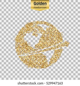 Gold glitter vector icon of planet earth isolated on background. Art creative concept illustration for web, glow light confetti, bright sequins, sparkle tinsel, abstract bling, shimmer dust, foil.