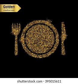 Gold glitter vector icon of plate with knife and fork  isolated on background. Art creative concept illustration for web, glow light confetti, bright sequins, sparkle tinsel, logo, shimmer dust, foil.