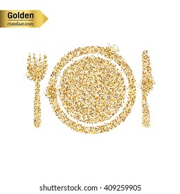 Gold glitter vector icon of plate with knife and fork  isolated on background. 