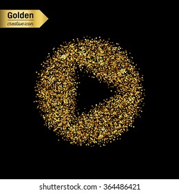 Gold glitter vector icon of play isolated on background. Art creative concept illustration for web, glow light confetti, bright sequins, sparkle tinsel, abstract bling, shimmer dust, foil.