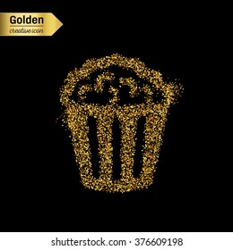 Gold glitter vector icon of popcorn isolated on background. Art creative concept illustration for web, glow light confetti, bright sequins, sparkle tinsel, abstract bling, shimmer dust, foil.
