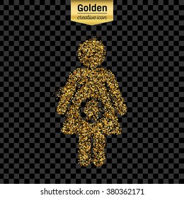Gold glitter vector icon of pregnant isolated on background. Art creative concept illustration for web, glow light confetti, bright sequins, sparkle tinsel, abstract bling, shimmer dust, foil.