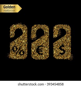 Gold glitter vector icon of price tag isolated on background. Art creative concept illustration for web, glow light confetti, bright sequins, sparkle tinsel, abstract bling, shimmer dust, foil.