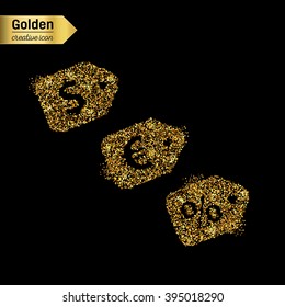 Gold glitter vector icon of price tag isolated on background. Art creative concept illustration for web, glow light confetti, bright sequins, sparkle tinsel, abstract bling, shimmer dust, foil.
