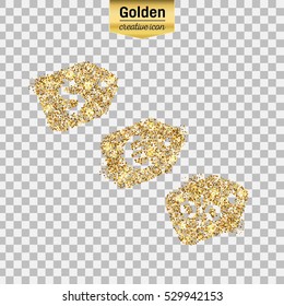 Gold glitter vector icon of price tag isolated on background. Art creative concept illustration for web, glow light confetti, bright sequins, sparkle tinsel, abstract bling, shimmer dust, foil.