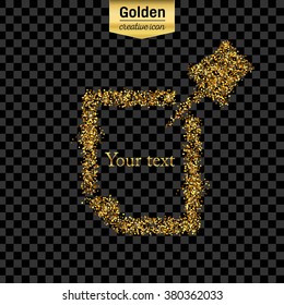 Gold glitter vector icon of Push Pin isolated on background. Art creative concept illustration for web, glow light confetti, bright sequins, sparkle tinsel, abstract bling, shimmer dust, foil.