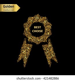 Gold glitter vector icon of ribbons award isolated on background. Art creative concept illustration for web, glow light confetti, bright sequins, sparkle tinsel, abstract bling, shimmer dust, foil.