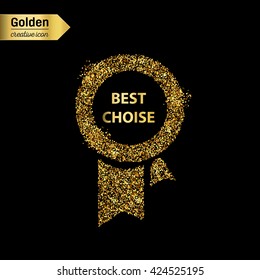 Gold glitter vector icon of ribbons award isolated on background. Art creative concept illustration for web, glow light confetti, bright sequins, sparkle tinsel, abstract bling, shimmer dust, foil.
