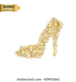 Gold glitter vector icon of right shoe isolated on background. Art creative concept illustration for web, glow light confetti, bright sequins, sparkle tinsel, abstract bling, shimmer dust, foil.