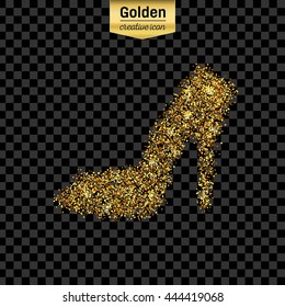 Gold glitter vector icon of right shoe isolated on background. Art creative concept illustration for web, glow light confetti, bright sequins, sparkle tinsel, abstract bling, shimmer dust, foil.
