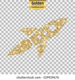 Gold glitter vector icon of rocket isolated on background. Art creative concept illustration for web, glow light confetti, bright sequins, sparkle tinsel, abstract bling, shimmer dust, foil.