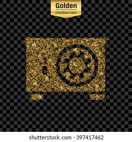 Gold glitter vector icon of safe box isolated on background. Art creative concept illustration for web, glow light confetti, bright sequins, sparkle tinsel, abstract bling, shimmer dust, foil.