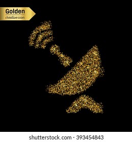 Gold glitter vector icon of satellite dish isolated on background. Art creative concept illustration for web, glow light confetti, bright sequins, sparkle tinsel, abstract bling, shimmer dust, foil.