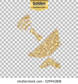 Gold glitter vector icon of satellite dish isolated on background. Art creative concept illustration for web, glow light confetti, bright sequins, sparkle tinsel, abstract bling, shimmer dust, foil.