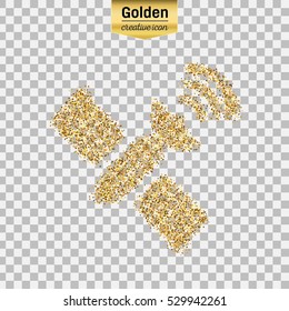 Gold glitter vector icon of satellite isolated on background. Art creative concept illustration for web, glow light confetti, bright sequins, sparkle tinsel, abstract bling, shimmer dust, foil.