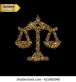 Gold glitter vector icon of scales isolated on background. Art creative concept illustration for web, glow light confetti, bright sequins, sparkle tinsel, abstract bling, shimmer dust, foil.