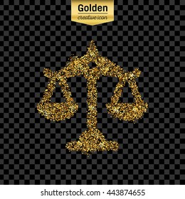 Gold glitter vector icon of scales isolated on background. Art creative concept illustration for web, glow light confetti, bright sequins, sparkle tinsel, abstract bling, shimmer dust, foil.