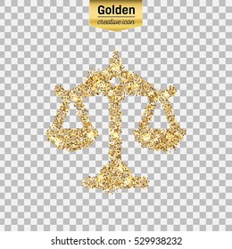 Gold glitter vector icon of scales isolated on background. Art creative concept illustration for web, glow light confetti, bright sequins, sparkle tinsel, abstract bling, shimmer dust, foil.