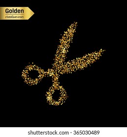 Gold glitter vector icon of scissor isolated on background. Art creative concept illustration for web, glow light confetti, bright sequins, sparkle tinsel, abstract bling, shimmer dust, foil.