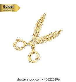 Gold glitter vector icon of scissor isolated on background. Art creative concept illustration for web, glow light confetti, bright sequins, sparkle tinsel, abstract bling, shimmer dust, foil