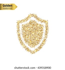 Gold glitter vector icon of shield isolated on background. Art creative concept illustration for web, glow light confetti, bright sequins, sparkle tinsel, abstract bling, shimmer dust, foil.