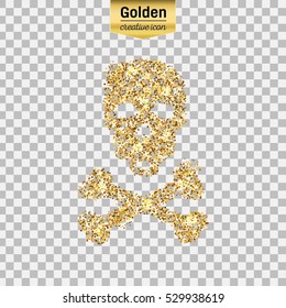 Gold glitter vector icon of skull and crossbones isolated on background. Art creative concept illustration for web, glow light confetti, bright sequins, sparkle tinsel, abstract bling, shimmer dust