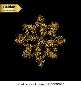 Gold glitter vector icon of snowflake isolated on background. Art creative concept illustration for web, glow light confetti, bright sequins, sparkle tinsel, abstract bling, shimmer dust, foil.