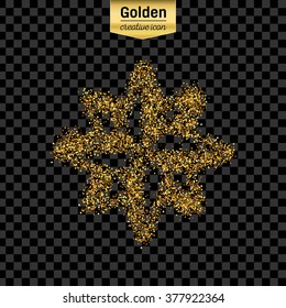 Gold glitter vector icon of snowflake isolated on background. Art creative concept illustration for web, glow light confetti, bright sequins, sparkle tinsel, abstract bling, shimmer dust, foil.