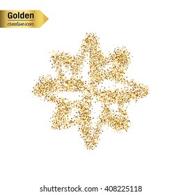 Gold glitter vector icon of snowflake isolated on background. Art creative concept illustration for web, glow light confetti, bright sequins, sparkle tinsel, abstract bling, shimmer dust, foil.