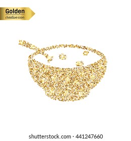Gold glitter vector icon of soup isolated on background. Art creative concept illustration for web, glow light confetti, bright sequins, sparkle tinsel, abstract bling, shimmer dust, foil.