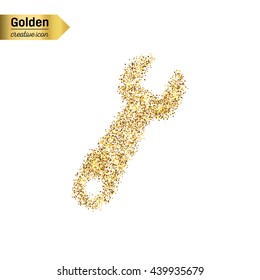 Gold glitter vector icon of spanner isolated on background. Art creative concept illustration for web, glow light confetti, bright sequins, sparkle tinsel, abstract bling, shimmer dust, foil.
