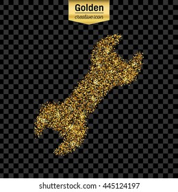 Gold glitter vector icon of spanner isolated on background. Art creative concept illustration for web, glow light confetti, bright sequins, sparkle tinsel, abstract bling, shimmer dust, foil.