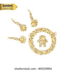 Gold glitter vector icon of spermatozoa, floating to ovule isolated on background. 