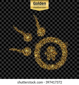 Gold glitter vector icon of spermatozoons, floating to ovule isolated on background. Art creative concept illustration for web, glow light confetti, bright sequins, sparkle tinsel, shimmer dust, foil.