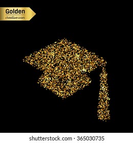 Gold glitter vector icon of square academic cap isolated on background. Art creative concept illustration for web, glow light confetti, bright sequins, sparkle tinsel, abstract bling, shimmer dust.