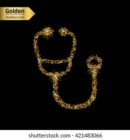 Gold glitter vector icon of Stethoscope isolated on background. Art creative concept illustration for web, glow light confetti, bright sequins, sparkle tinsel, abstract bling, shimmer dust, foil.