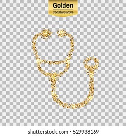 Gold glitter vector icon of Stethoscope isolated on background. Art creative concept illustration for web, glow light confetti, bright sequins, sparkle tinsel, abstract bling, shimmer dust, foil.