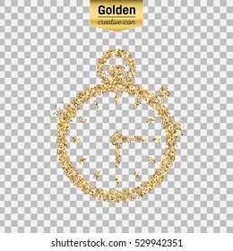 Gold glitter vector icon of stopwatch isolated on background. Art creative concept illustration for web, glow light confetti, bright sequins, sparkle tinsel, abstract bling, shimmer dust, foil.