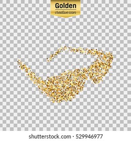 Gold Glitter Vector Icon Of Sun Glasses Isolated On Background. Art Creative Concept Illustration For Web, Glow Light Confetti, Bright Sequins, Sparkle Tinsel, Abstract Bling, Shimmer Dust, Foil.