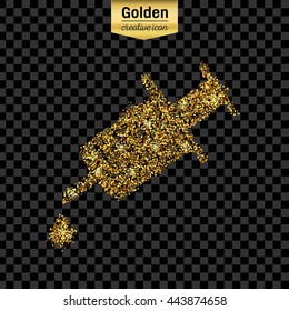Gold glitter vector icon of syringe isolated on background. Art creative concept illustration for web, glow light confetti, bright sequins, sparkle tinsel, abstract bling, shimmer dust, foil.